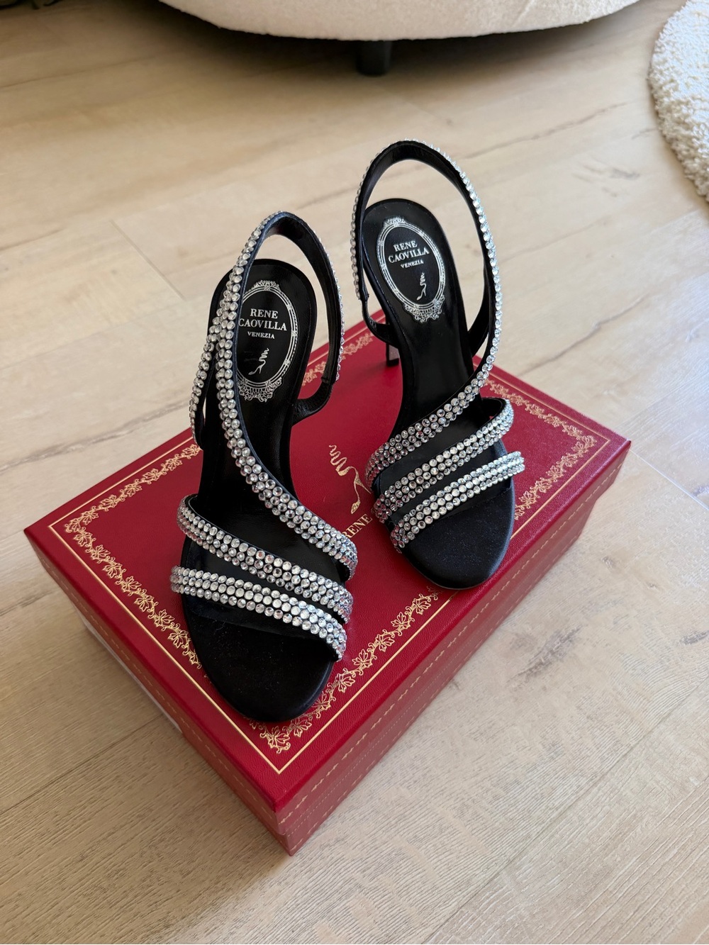 Rene Caovilla Black Crystal-Embellished Strappy Heels